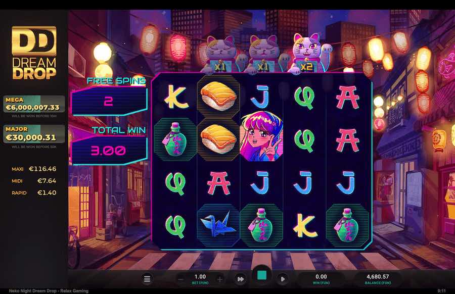 Multipliers Above Reels 2, 3, And 4 Will Not Reset Between Losing Spins When The Free Spins Bonus Is Active On Neko Night Video Slot