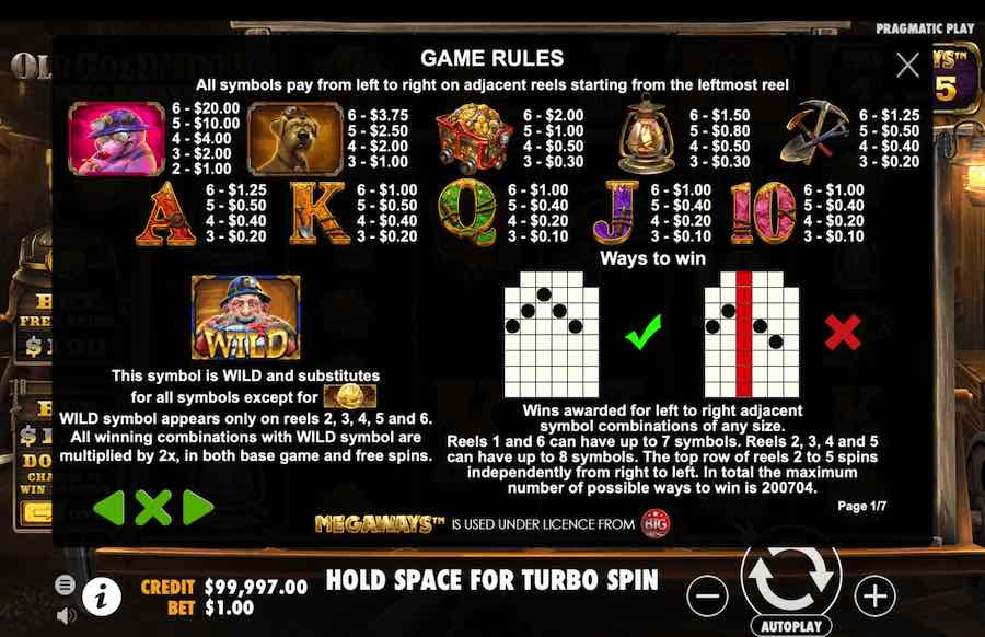 Paytable For The Old Gold Miner Megaways Slot