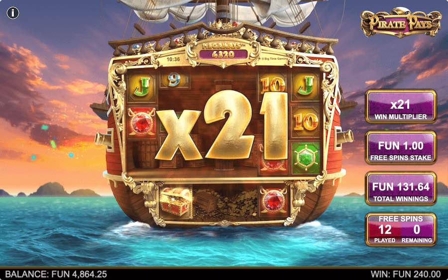 Start The Free Spins Feature With Up To 25 Spins And A Starting Win Multiplier Of X10 On Pirate Pays Megaways Slot