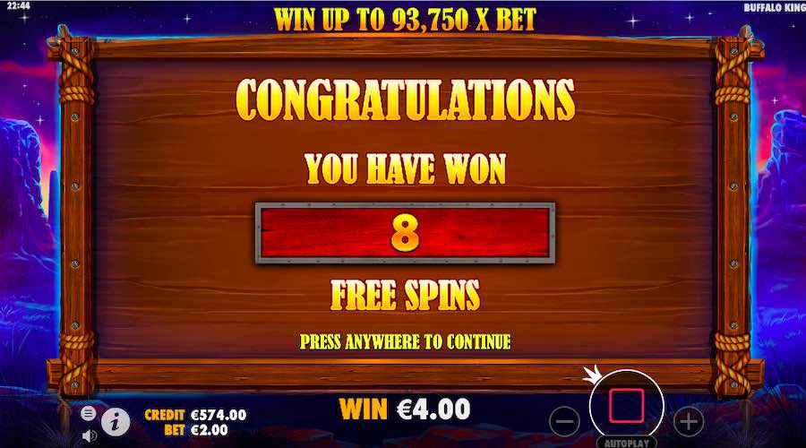 8 Free Spins Awarded For A 3 Scatter Trigger On Buffalo King Slot