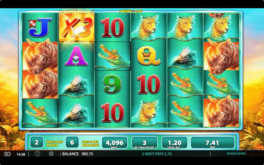 Land 3 Or More Scatter Symbols To Trigger The Free Spins Feature On Raging Rhino Video Slot