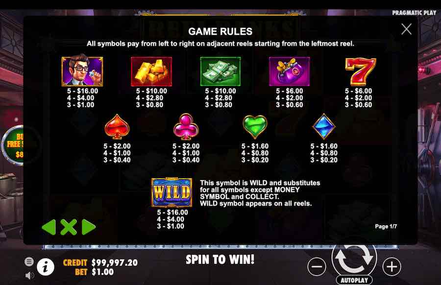 Reel Banks Slot Paytable