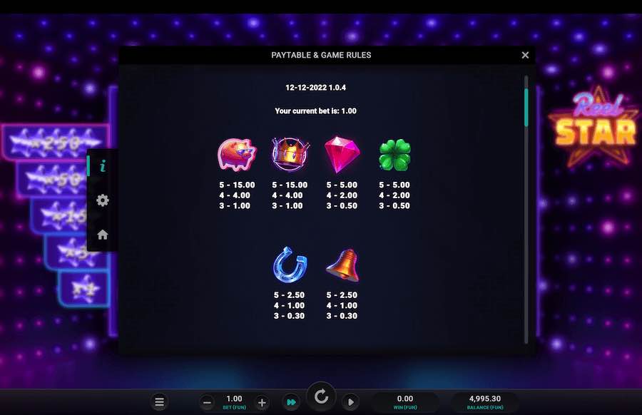 Reel Star Slot Paytable