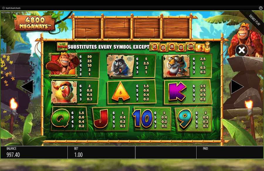 Return Of Kong Megaways Slot Paytable