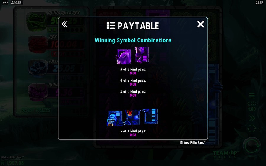 Paytable For Rhino Rilla Rex Slot