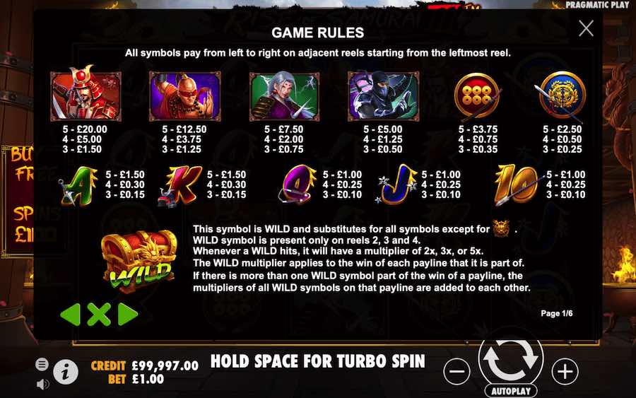 Paytable For Rise Of Samurai 3 Slot