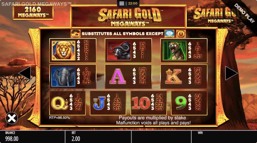 Paytable For Safari Gold Megaways Slot