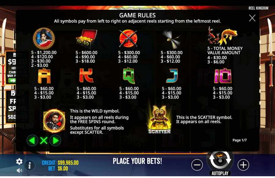 Samurai Code Slot Paytable