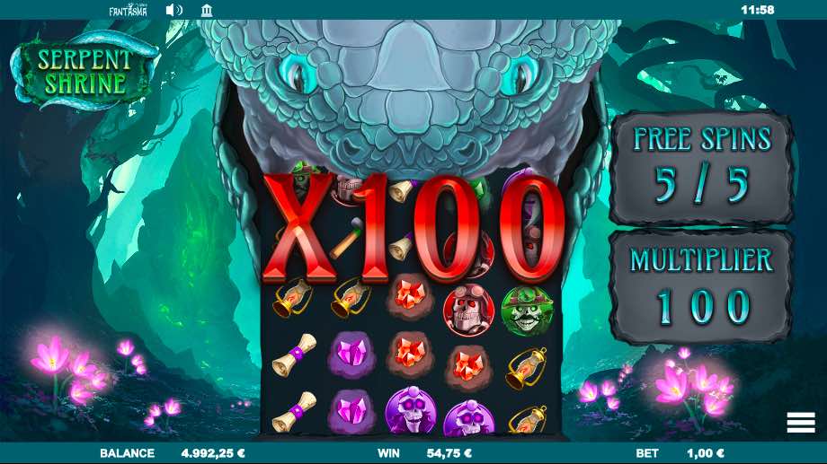 Play With A 100x Multiplier In The Free Spin Feature On Serpent Shrine