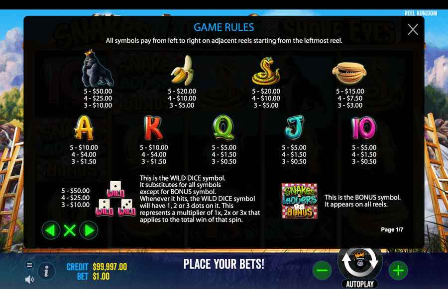 Snakes And Ladders Snake Eyes Slot Paytable