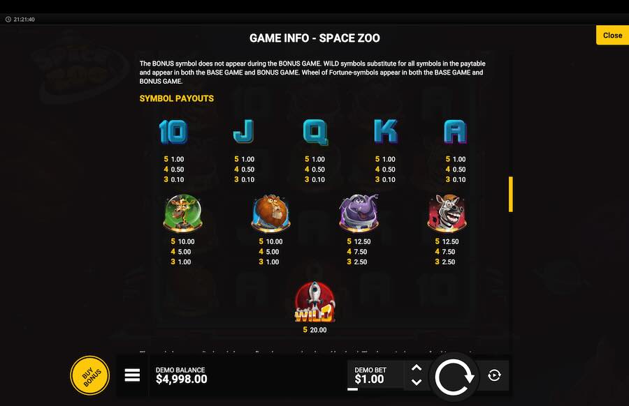 Space Zoo Slot Paytable