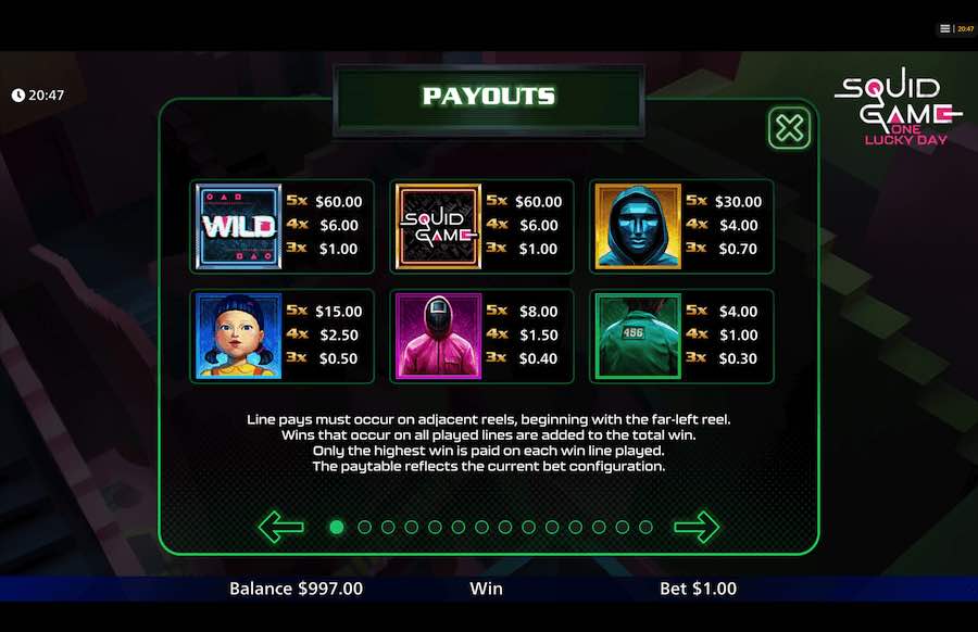 Squid Game One Lucky Day Slot Paytable