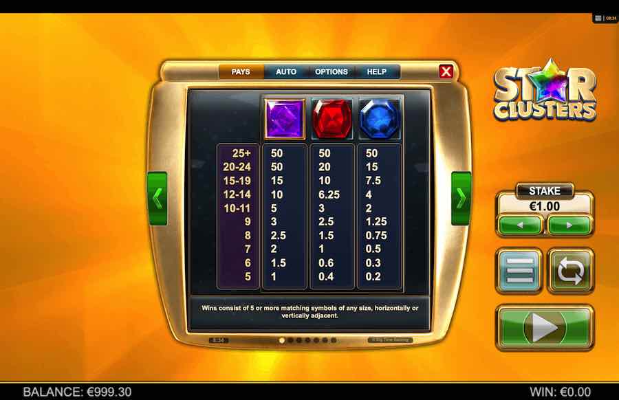 Star Clusters Slot Paytable