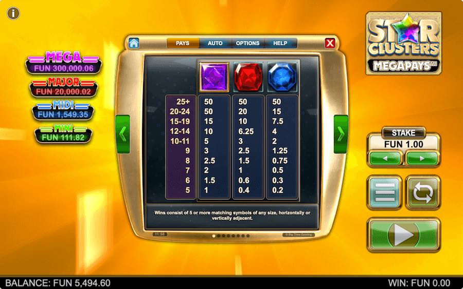 Paytable For Star Clusters Megapays Slot