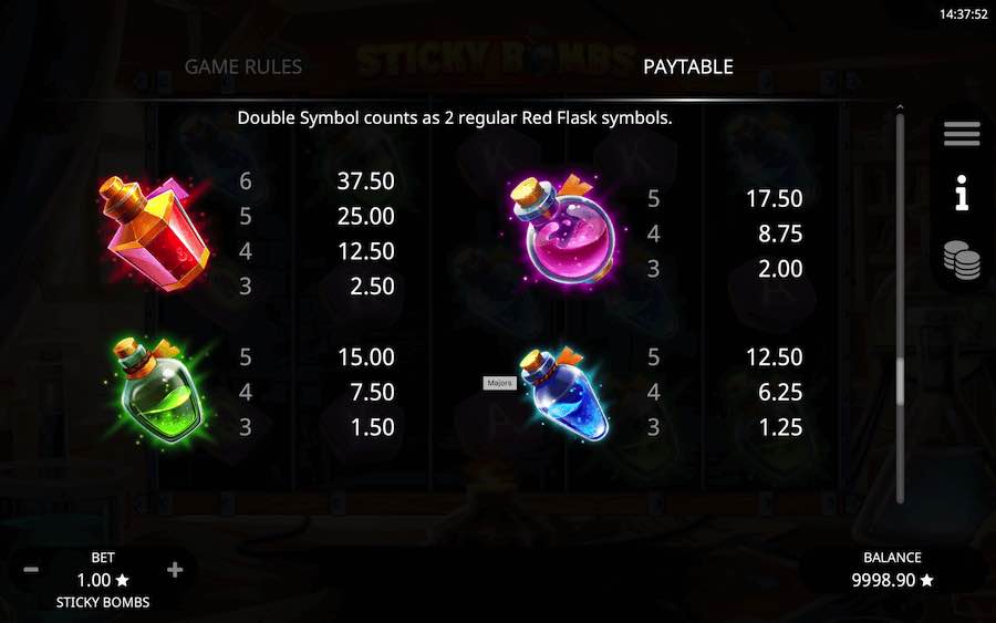 Paytable For Sticky Bombs Slot