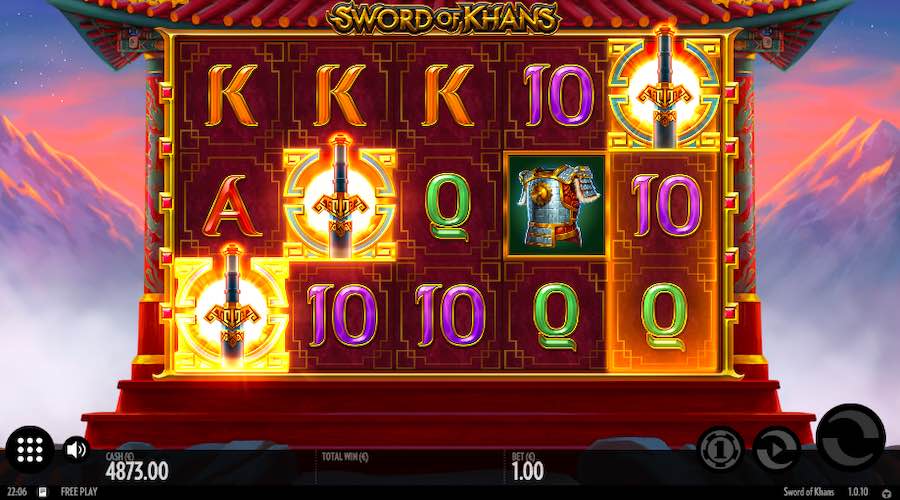 3 Or More Swords Landing Anywhere In View Will Trigger The Free Spin Bonus On Swordsof Khans Slot