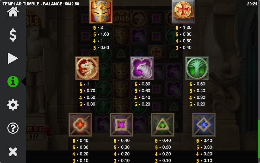 Templar Tumble Slot Paytable