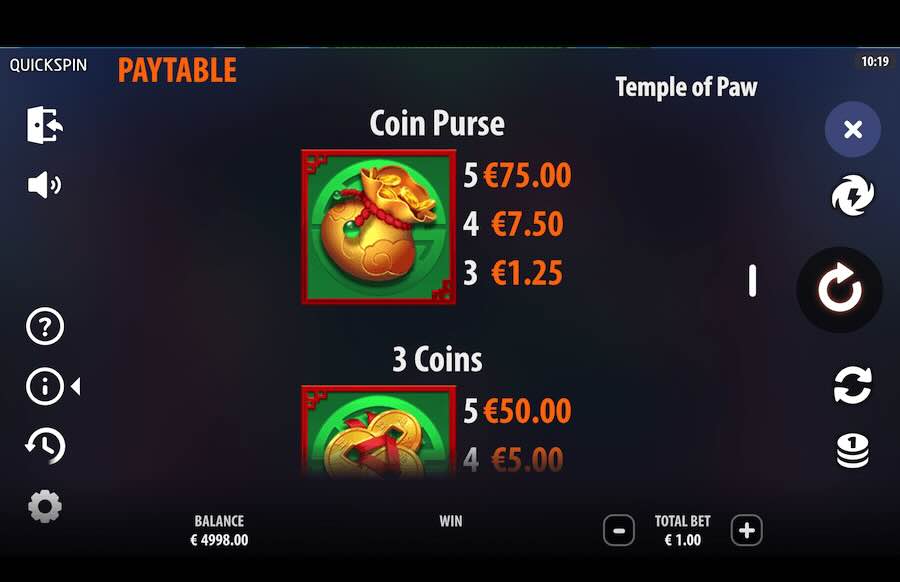 Temple Of Paw Slot Paytable