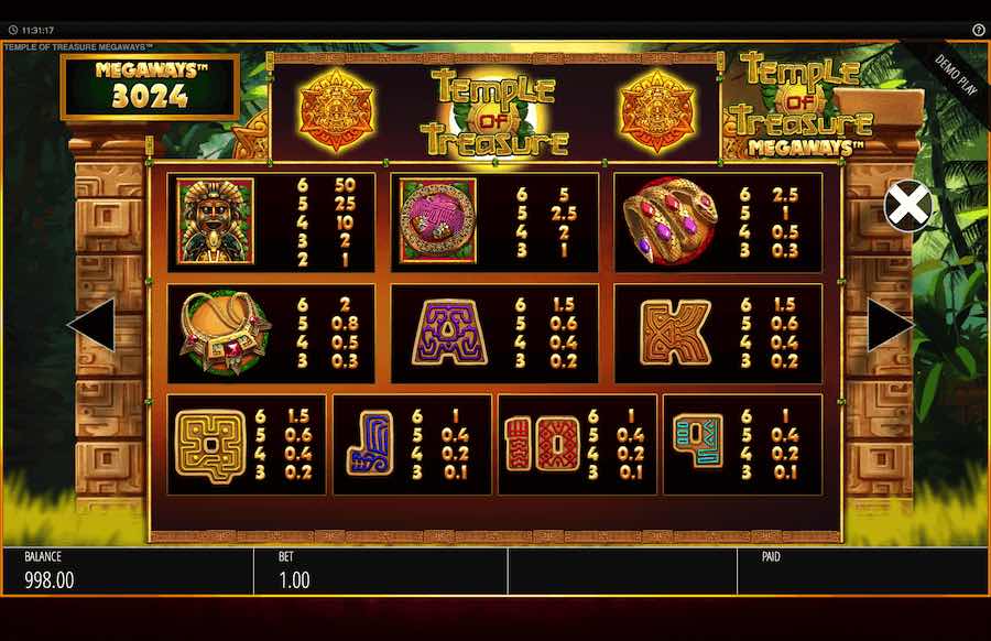 Temple Of Treasure Megaways Slot Paytable