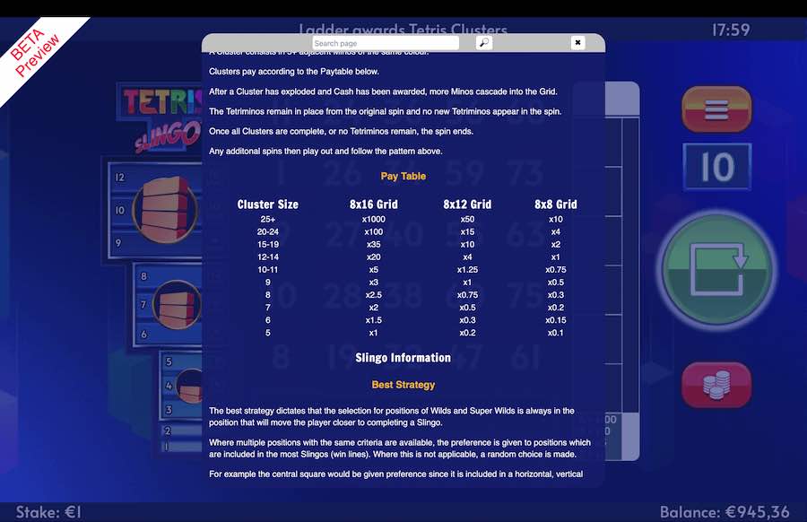 Tetris Slingo Paytable