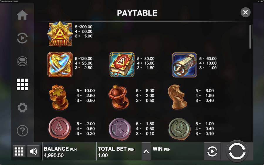 The Shadow Order Slot Paytable