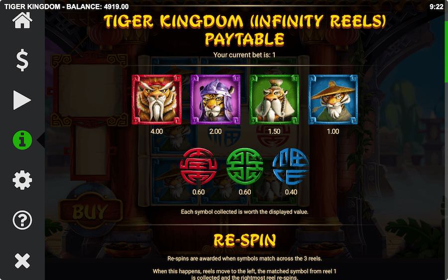 Paytable For Tiger Kingdom Infinity Reels Slot