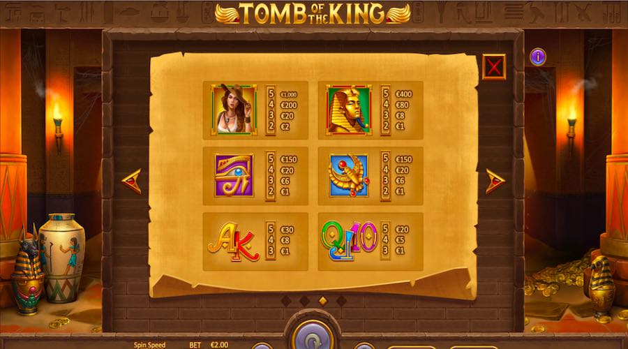 Paytable For Tomb Of The King Slot