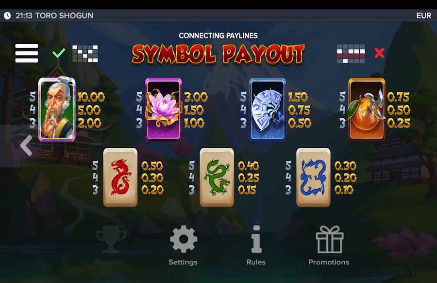 Toro Shogun Slot Paytable