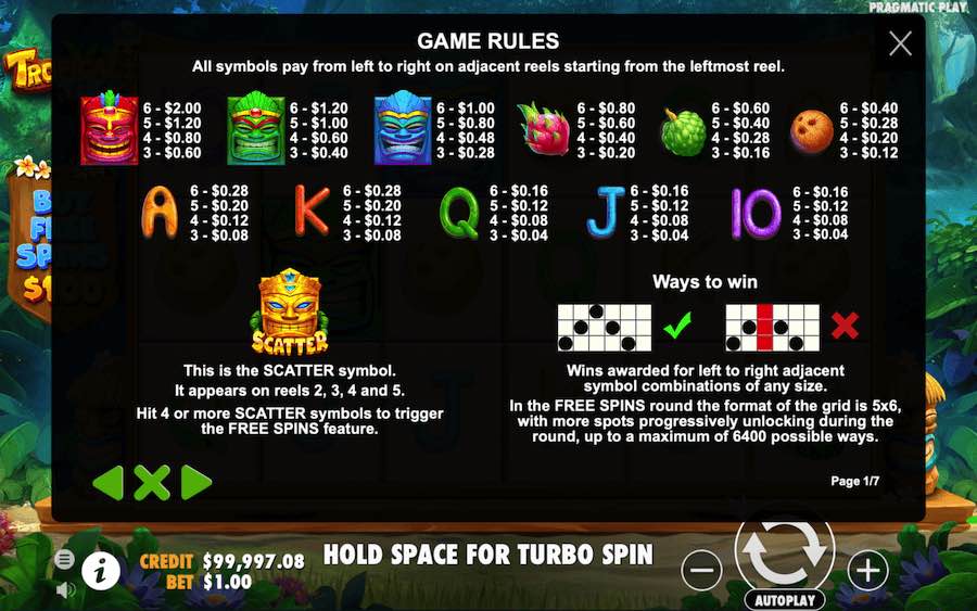 Paytable For Tropical Tiki Slot