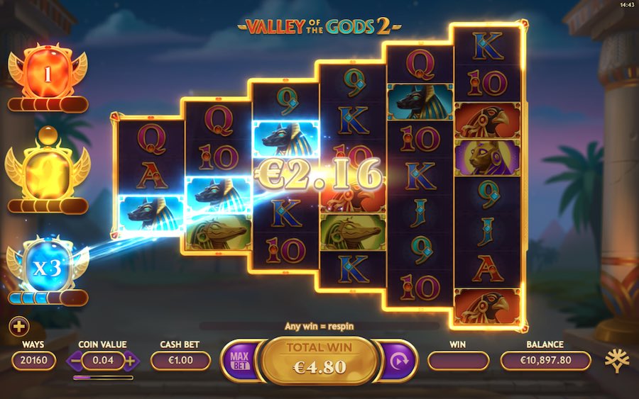 Activate Extra Lives, Wilds & Multipliers During The Bonus Feature On Valley Of The Gods 2