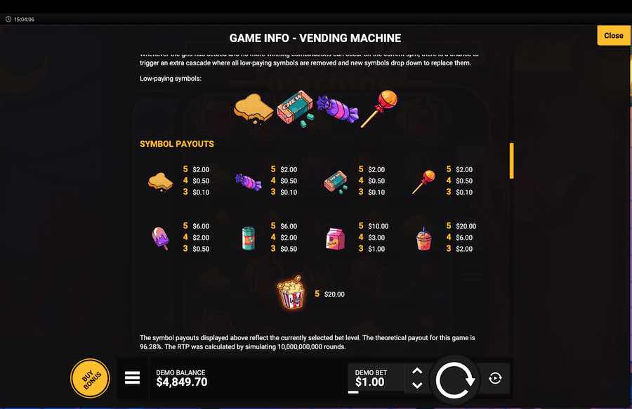 Vending Machine Slot Paytable