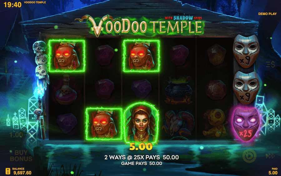 3 Or More Scatter Symbols Landing In View During The Base Game On Voodoo Temple Video Slot Will Trigger The Free Spins Feature