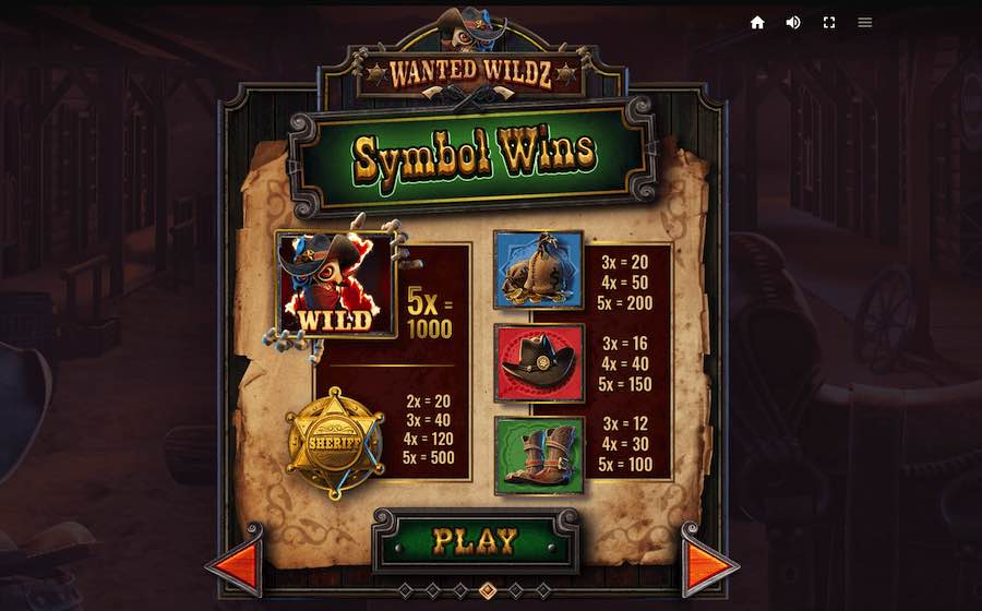 Paytable For Wanted Wildz Slot