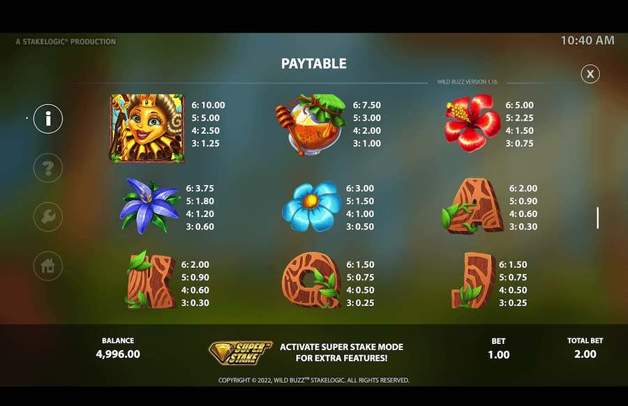 Paytable For The Wild Buzz Slot