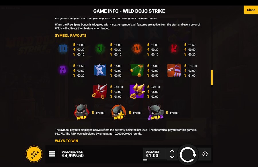 Wild Dojo Strike Slot Paytable