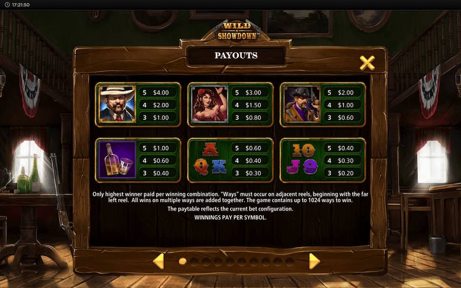 Paytable For Wild Showdown Slot