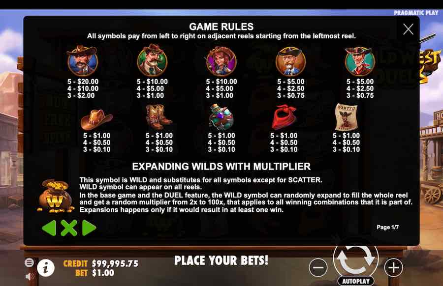 Wild West Duels Slot Paytable 