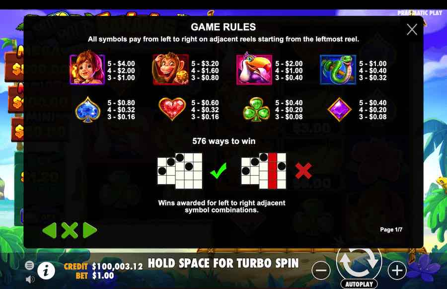 Wild Wild Bananas Slot Paytable