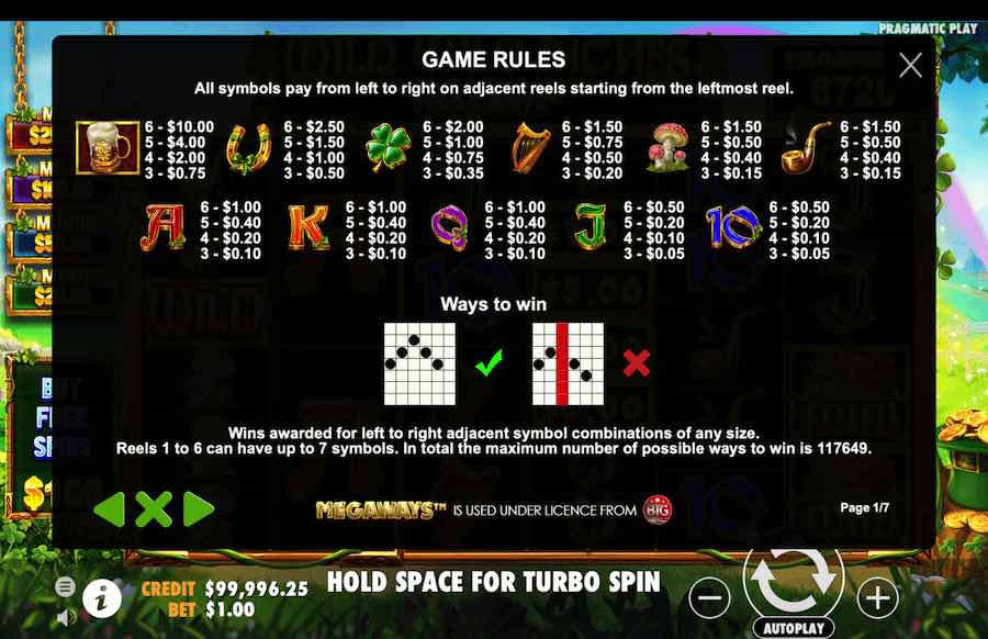 Wild Wild Riches Megaways Slot Paytable