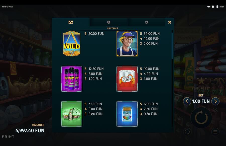 Win-o-mart Slot Paytable