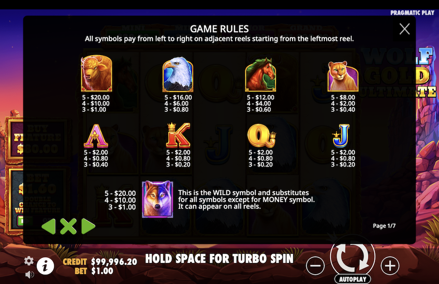 Wolf Gold Ultimate slot paytable