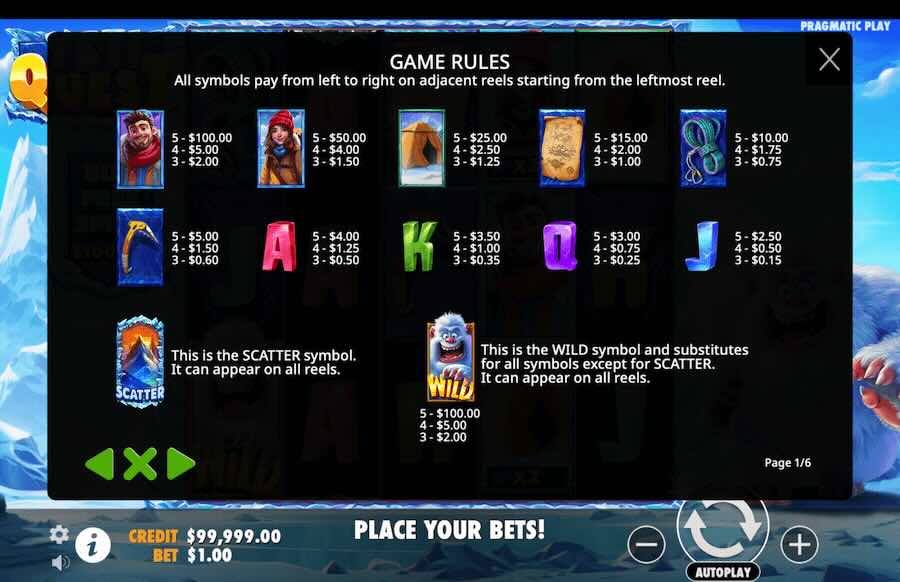 Yeti Quest Slot Paytable